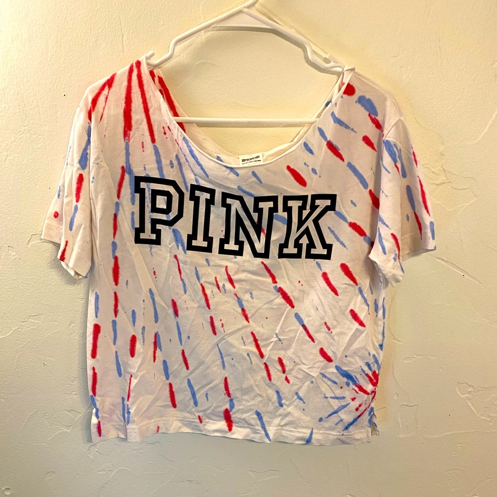 Tie-dye Pink off the shoulder short sleeve shirt